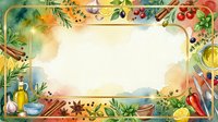 Watercolor cooking frame with fresh ingredients, spices, and herbs surrounding empty center space for recipe text or food photography, ideal for culinary blogs and restaurant menus.