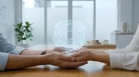 Business partnership handshake with digital holographic globe projection symbolizing global cooperation and international collaboration in modern office.