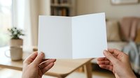 Woman holding open blank white greeting card or brochure with both hands in modern home interior, suitable for mockup designs, marketing materials, and promotional campaigns.