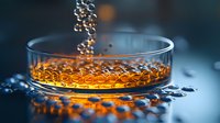 Glowing amber liquid in petri dish with floating molecular structures and bubbles against dark blue background, scientific research concept in laboratory setting.