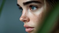 Close-up portrait of young Caucasian woman with blue eyes and freckles looking away, natural beauty skincare concept for cosmetics advertising.