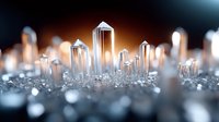 Glowing crystal formations emerge from dark background with soft bokeh effect, creating magical mineral landscape with translucent quartz points and clusters.