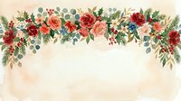 Vintage floral garland with red and coral roses, eucalyptus leaves, and berries on cream background. Suitable for wedding invitations and greeting cards.