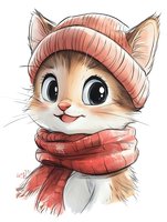Adorable cartoon kitten wearing pink winter beanie and coral scarf, drawn in kawaii anime style with big expressive eyes and sweet smile on white background.