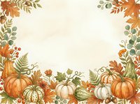 Autumn harvest frame with pumpkins, gourds, and fall foliage on cream background. Isolated design element suitable for greeting cards, invitations, and seasonal marketing materials.