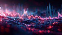 Financial data visualization with glowing pink and blue trading charts on dark background, perfect for business analytics and market trend presentations.