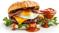 Juicy beef burger with melted cheese, crispy bacon, fried egg, fresh lettuce on sesame bun served with red sauce, isolated on white background for menu design and advertising.