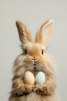 Fluffy light brown bunny holding pastel colored Easter eggs against neutral background. Perfect for holiday greeting cards and seasonal promotions.