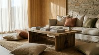 Modern minimalist living room with wooden coffee table, neutral cushions and natural stone wall creating warm cozy atmosphere for home interior design.