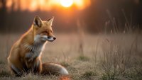 Red fox sitting in tall grass during golden hour sunset with warm orange light creating peaceful wildlife scene in natural habitat.