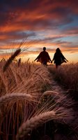 Romantic couple silhouettes holding hands walking through golden wheat field at dramatic sunset with vibrant orange and purple sky clouds.