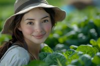 Young woman with East Asian ethnicity wearing a wide-brimmed hat in a vegetable garden surrounded by green plants and foliage, suitable for agriculture, farming, and gardening content.