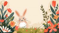 Cute cartoon bunny with long ears sitting in spring meadow surrounded by colorful tulips, daisies, and wildflowers on beige background.