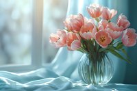 Coral pink tulips arranged in clear glass vase with soft blue fabric and window light, suitable for spring home decor and floral design projects.