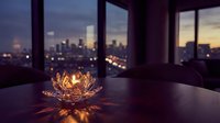 Glowing lotus candle holder on table with city skyline view through windows at dusk creating warm ambient lighting for meditation and relaxation.