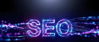 Digital SEO text with glowing neon effects and particle streams on dark background for web marketing and search engine optimization concepts.