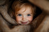 Adorable toddler girl with blonde hair and blue eyes wrapped in cozy knit blanket smiling at camera. Warm portrait for family lifestyle content.