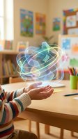 Child hands holding glowing holographic energy sphere in colorful classroom with educational materials and books for learning technology concepts.
