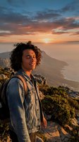 Young mixed-race male hiker with curly hair enjoying golden hour sunset on mountain peak overlooking ocean coastline during outdoor adventure travel.