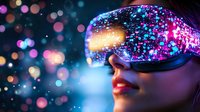 Young woman wearing virtual reality headset with glowing neon lights and bokeh effects reflecting on glasses surface against dark background with pink and blue colors.