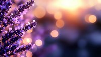 Lavender flowers with dreamy bokeh lights at sunset creating romantic purple and golden atmosphere for wellness and aromatherapy concepts.