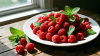 Fresh red raspberries with mint leaves arranged on white plate by window, ideal for food photography, healthy eating, and culinary content.