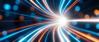 Dynamic light burst with radial streaks in blue and orange colors creating motion effect on dark background for technology and energy concepts.