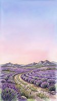 Lavender field landscape with winding dirt path through purple blooming flowers, rolling hills, and distant mountains under soft pastel sky at sunrise or sunset, suitable for travel, nature, and wellness design projects.