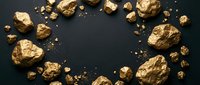 Golden nuggets and gold chunks arranged in circular frame on dark background with copy space for mining and precious metals concepts.