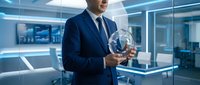 Professional businessman in navy suit holding holographic globe in modern futuristic office with blue lighting and glass walls for corporate presentations.