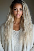 Mixed race young woman with long platinum blonde wavy hair wearing white knit sweater smiling at camera. Natural makeup and soft lighting create warm portrait.