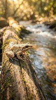 Small brown frog sitting on mossy log near flowing stream in natural forest habitat with warm sunlight filtering through trees creating bokeh background.