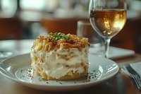 Layered cream dessert with crushed nuts and pistachio garnish on white plate, served with golden wine in elegant glass. Restaurant atmosphere with soft focus.