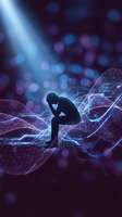 Silhouette of male professional sitting in contemplative pose surrounded by glowing digital network waves and circuit patterns, representing stress, data analysis, cybersecurity challenges, and technology solutions.