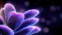 Glowing purple digital flower with luminous dots on dark background with bokeh lights for modern technology and futuristic design concepts.