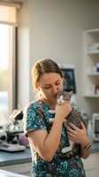 Young female veterinarian in scrubs gently holding and nuzzling gray tabby kitten in modern veterinary clinic with natural lighting and medical equipment.