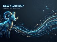 Digital ram symbol glowing in blue and gold with flowing data waves and circuit patterns on dark background, representing innovation and future technology for New Year 2027 celebrations and forward-thinking concepts.