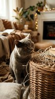 Gray cat with amber eyes sitting beside wicker basket in cozy living room with fireplace, warm lighting, and holiday decorations for home decor and seasonal content.
