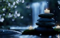 Zen stones pyramid with glowing candles on moss against blurred waterfall background in mystical blue atmosphere with bokeh lights and water drops.
