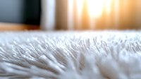 Soft white fluffy carpet texture in morning sunlight creates cozy atmosphere. Close up macro shot with shallow depth of field shows detailed fibers and warmth.