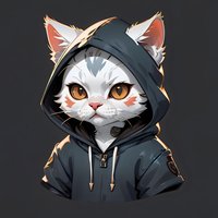 White cat wearing black hoodie with amber eyes on dark background, stylized cartoon character portrait for gaming avatar, mascot design or social media profile.