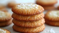 Stack of golden coconut cookies with shredded coconut topping on wooden surface. Homemade sweet treats for bakery, dessert menu, food photography projects.