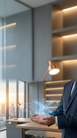 Businessman holding holographic digital network interface in modern office with city view and LED lighting for technology presentations.