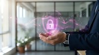 Businessman holding glowing pink padlock shield with digital security waves in modern office environment, representing data protection and cybersecurity solutions.