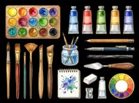 Art supplies set with brushes, paint tubes, palette, sketchbook, pencils and tools, isolated on transparent background, ready for stickers, clipart, print on demand.