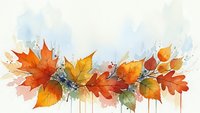 Watercolor autumn leaves garland with orange, red and yellow foliage in artistic style with paint drips on white background for seasonal decorations.