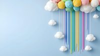 Colorful yarn balls creating rainbow with hanging stripes against light blue background, decorated with white fluffy clouds. Creative craft composition for nursery decor.