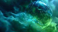 Mystical glowing planet surrounded by cosmic nebula clouds in deep space, with blue and green ethereal light effects creating otherworldly atmosphere.