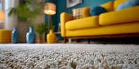 Cozy living room interior with bright yellow sofa, teal wall, and soft carpet in foreground, creating warm and inviting home atmosphere.