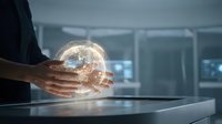 Hands holding glowing globe with digital network connections in modern office environment, representing global business, technology innovation, and worldwide communication for corporate concepts.